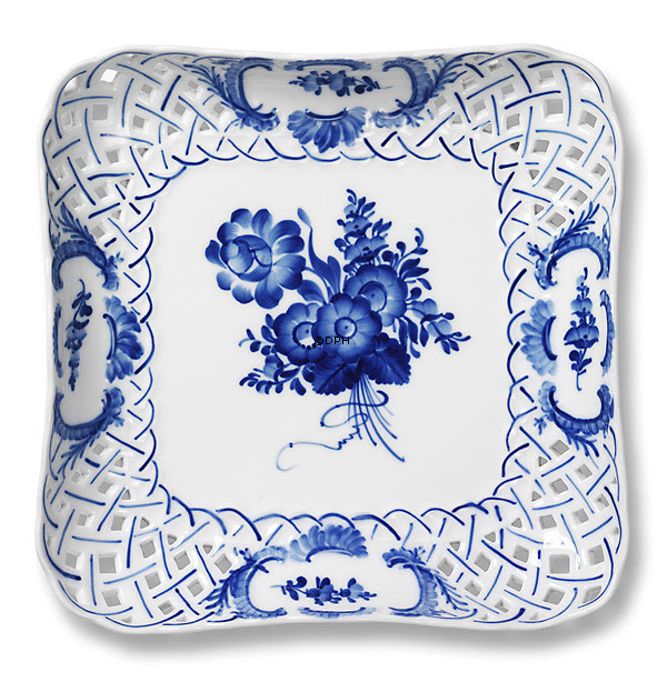 Blaue Blume, geschweift, quadratische Kuchenplatte mit durchbrochenem Rand Nr. 10/1523 oder 419, Royal Copenhagen ø23cm