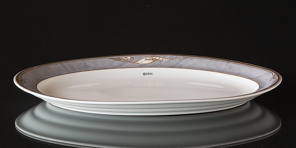 Magnolia, Grau mit Gold, Ovale Servierschale Nr. 375 39 cm, Royal Copenhagen