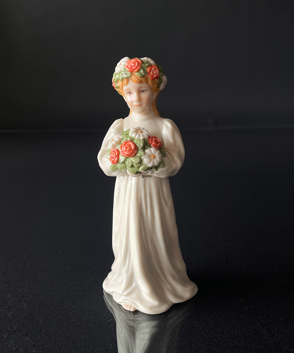 Lisbeth Carl Larsson Figur, Mädchen stehend mit Blumenstrauß und Blumenkranz im Haar, Royal Copenhagen Figur Nr. 002