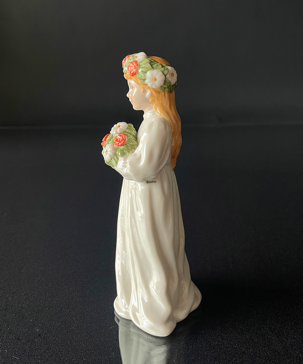 Lisbeth Carl Larsson Figur, Mädchen stehend mit Blumenstrauß und Blumenkranz im Haar, Royal Copenhagen Figur Nr. 002