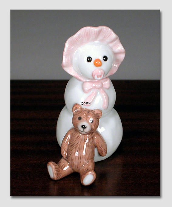 Schneemann Mädchen mit Teddy, Royal Copenhagen Winter Figur Nr. 020