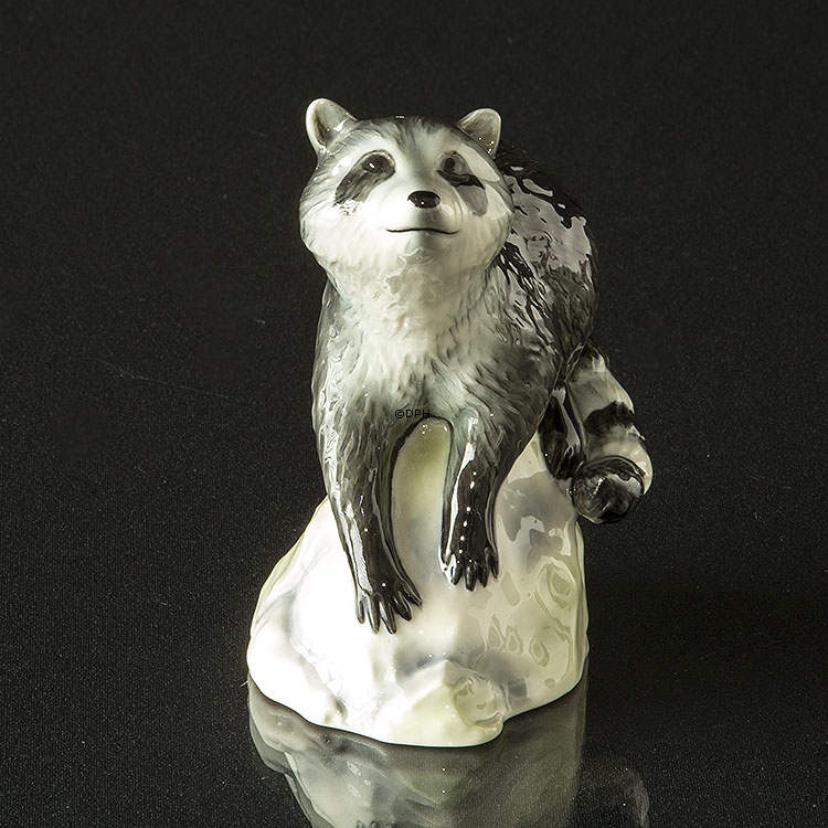 Waschbär auf Felsen schaut nach oben, Royal Copenhagen Figur Nr. 057