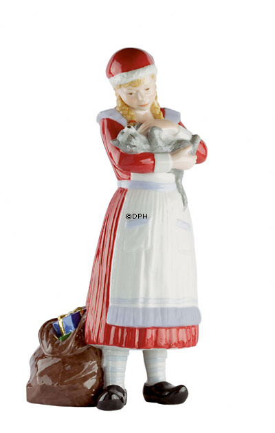 Weihnachtsmädchen, das mit ihrer Katze steht, Royal Copenhagen Weihnachtsfigur Nr. 322