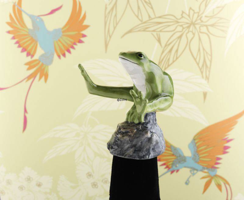 Grüner Frosch sitzend auf Stein, Royal Copenhagen Figur Nr. 556