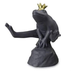 Schwarzer Frosch mit goldener Krone sitzend auf Stein, Royal Copenhagen Figur | Nr. 1249580 | DPH Trading