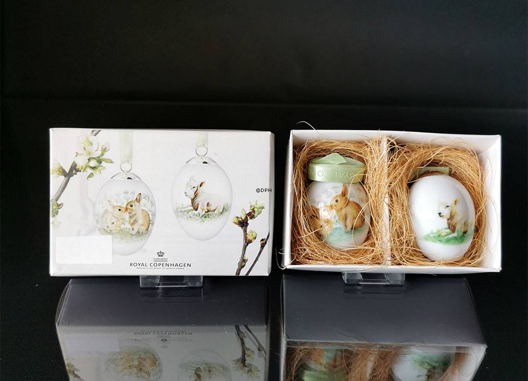 Osterei mit Lamm und Hasekätzchen, Satz von zwei, Royal Copenhagen Osterei 2013