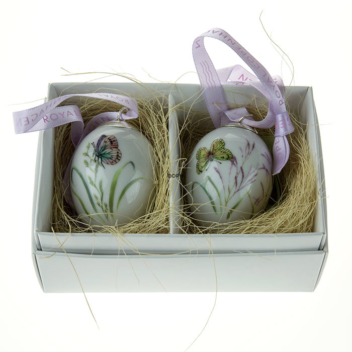 Ostereier mit lila und gelben Schmetterlingen, 2 Stück, Royal Copenhagen Osterei 2014