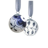 MEGA Blau Gerippt Ornament, nr. 2., weiß /silber mit Satinband, Royal Copenhagen