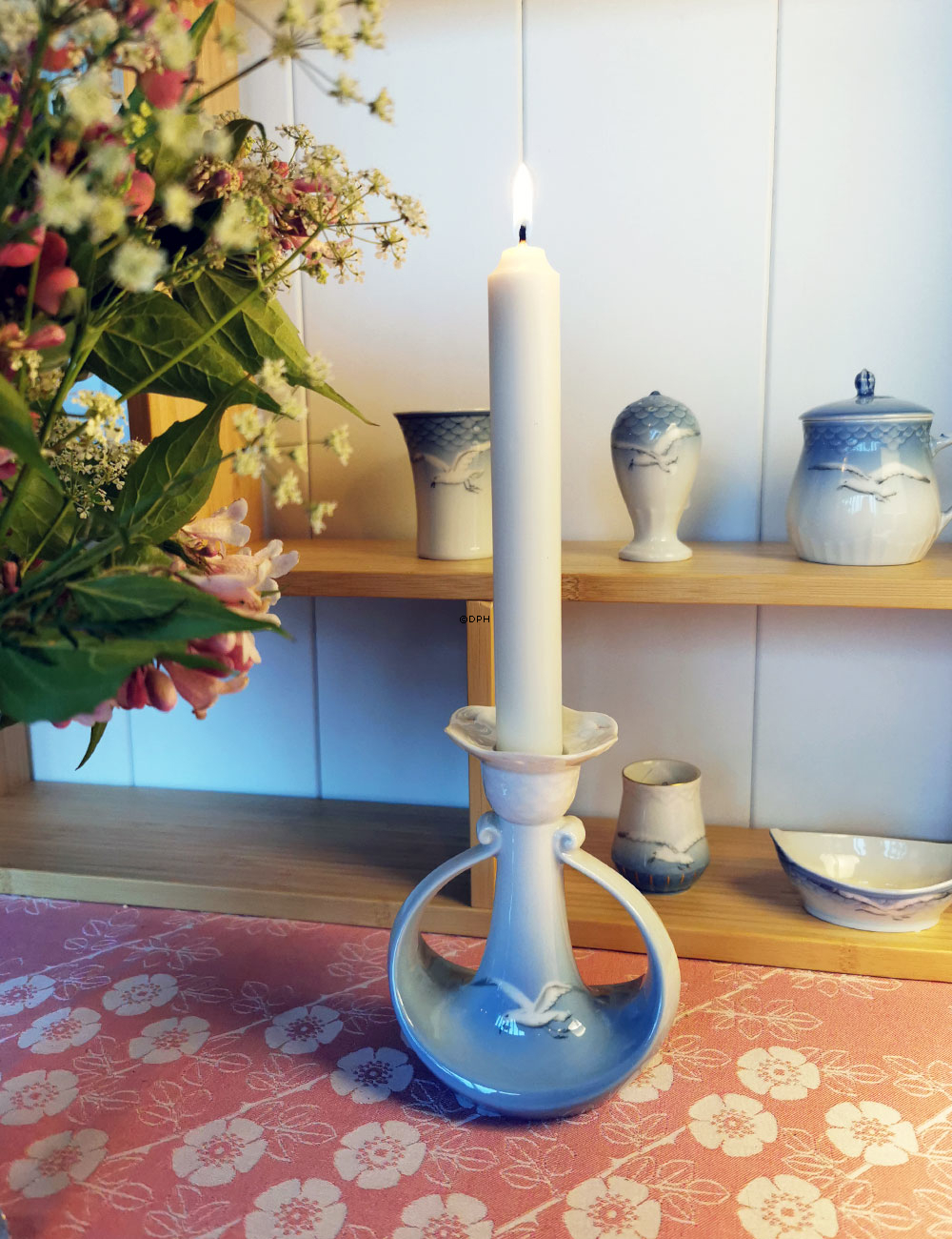 Möwenmuster OHNE Gold, Kerzenständer Nr. 72 oder 503, Weißer Oberteil/blauer Unterteil