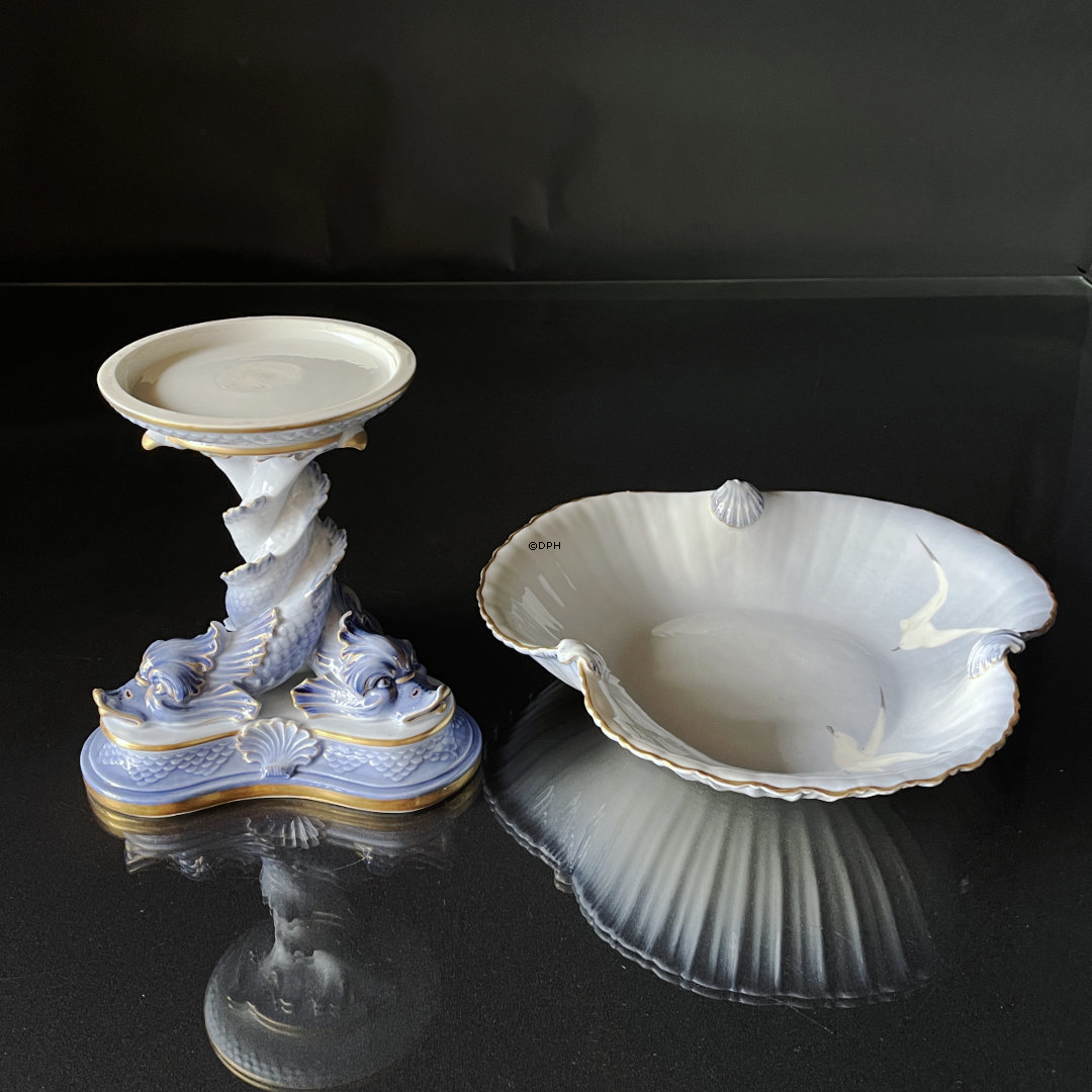 Seltene Bing & Gröndahl Möwe-Servieraufsatz mit Delfinfuß und separater Muschelschale