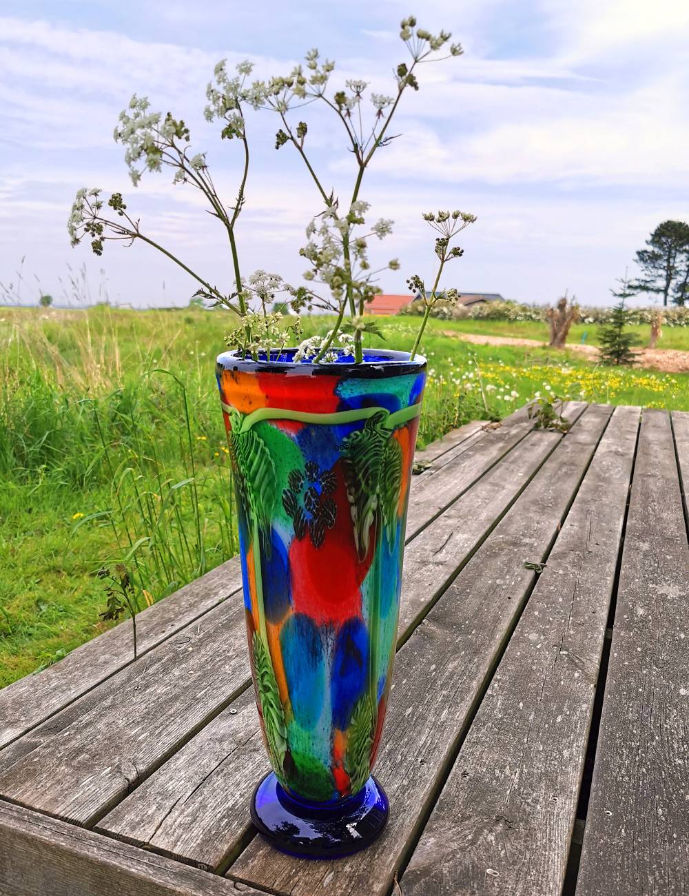 Blaue Glasvase, Große Bodenvase, 42cm, Mundgeblasen,