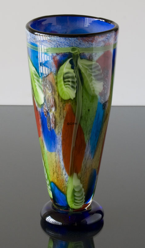 Blaue Glasvase, Große Bodenvase, 42cm, Mundgeblasen,
