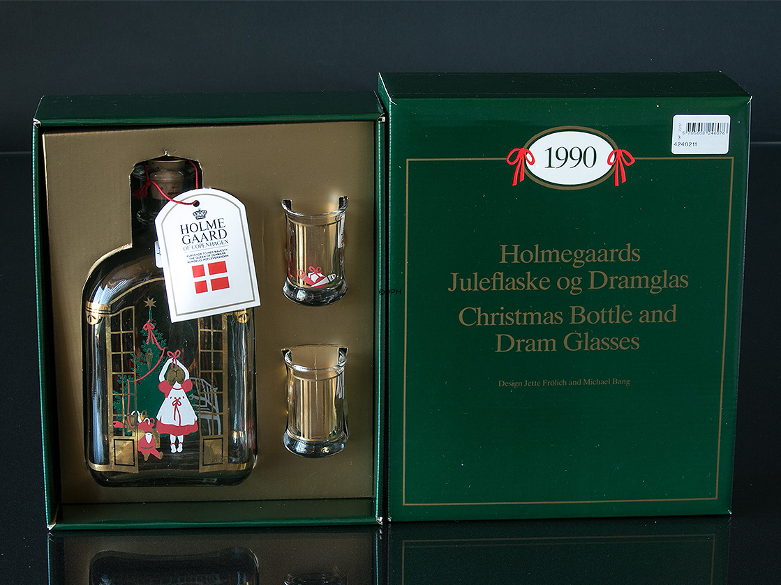 Flasche 1990 und 2 Weihnachtsdramgläser. Holmegaard Christmas
