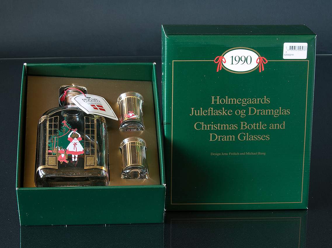 Flasche 1990 und 2 Weihnachtsdramgläser. Holmegaard Christmas