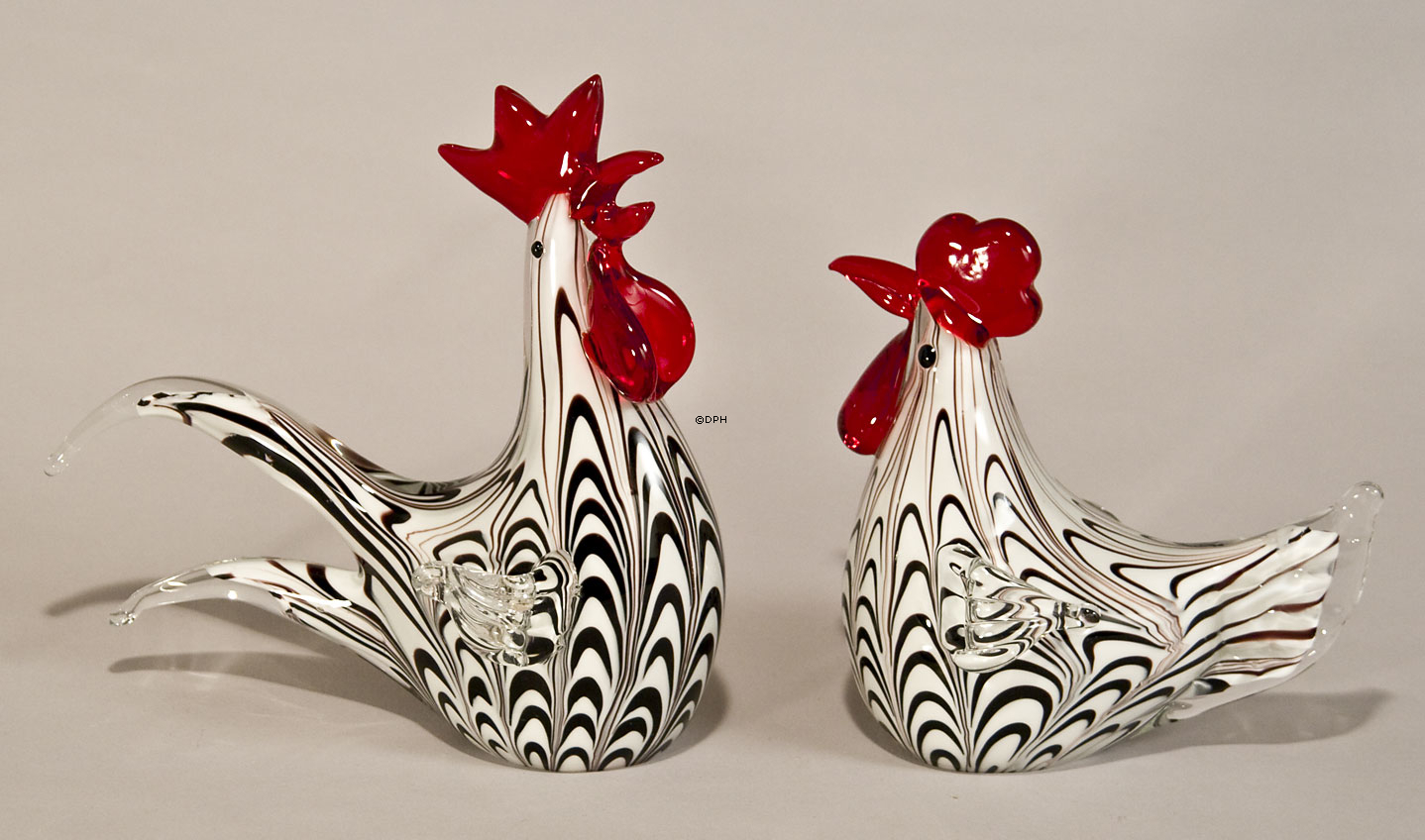 Hahn, Glas, Weiß mit Schwarz, 16cm, Glasskulptur, Glaskunst,