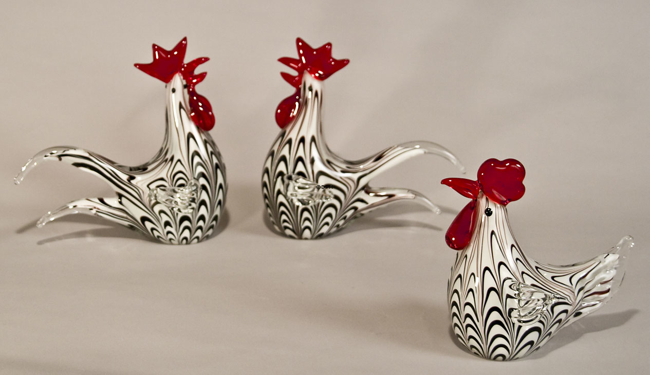 Hahn, Glas, Weiß mit Schwarz, 16cm, Glasskulptur, Glaskunst,