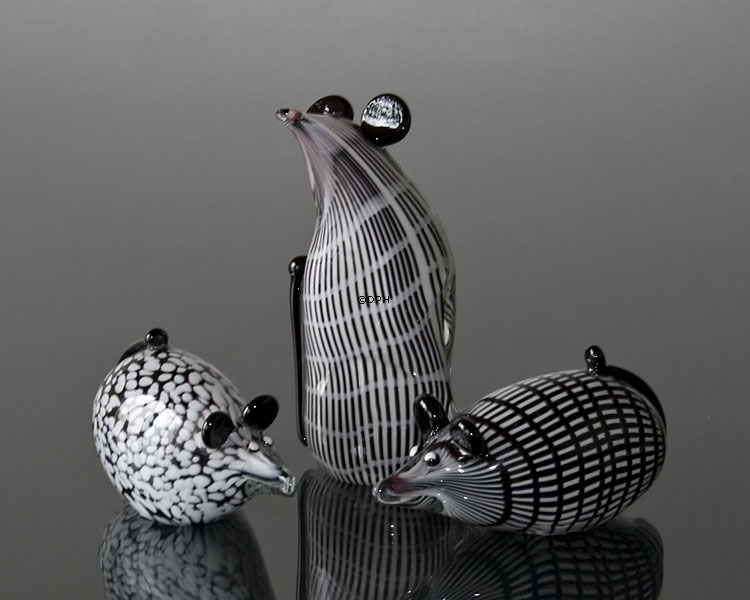 Maus Glasfigur, Schwarz und Weiß gestreift, Mundgeblasene Glaskunst