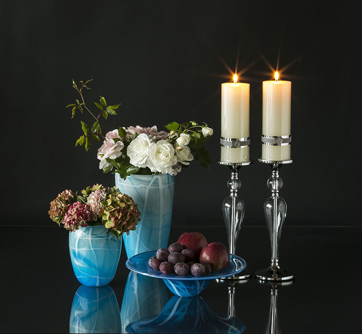 Glasvase für großen Blumenstrauß, blau mit weiß, mundgeblasenes Glas