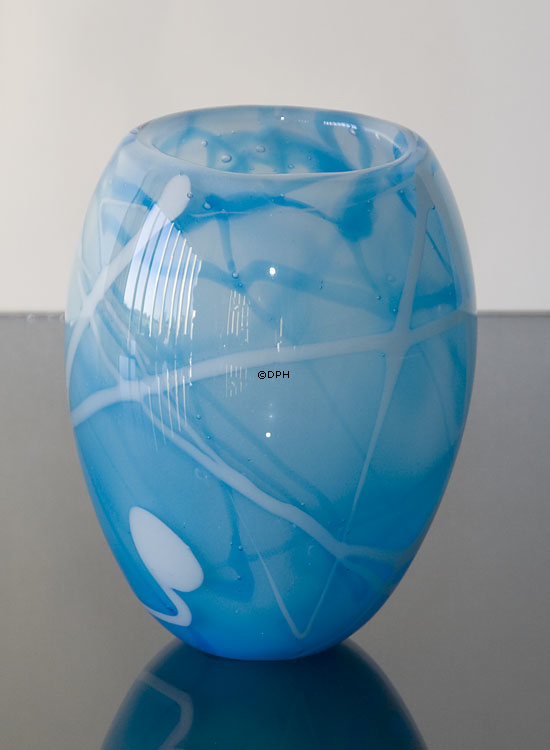 Glas Blumentopf oder Vase, blau mit weiß in Kontrast, Mundgeblasene Glaskunst
