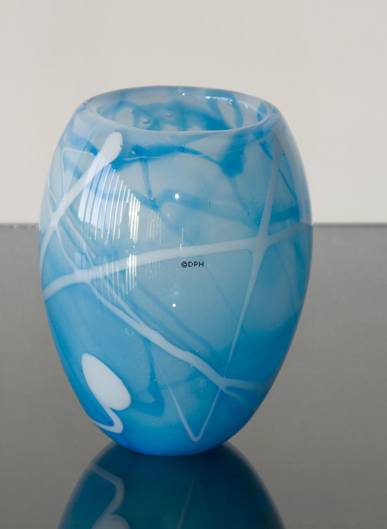 Glas Blumentopf oder Vase, blau mit weiß in Kontrast, Mundgeblasene Glaskunst