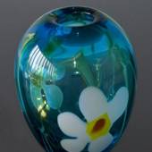 Große Runde Glasvase, blau mit Blume, Mundgeblasene Glaskunst 