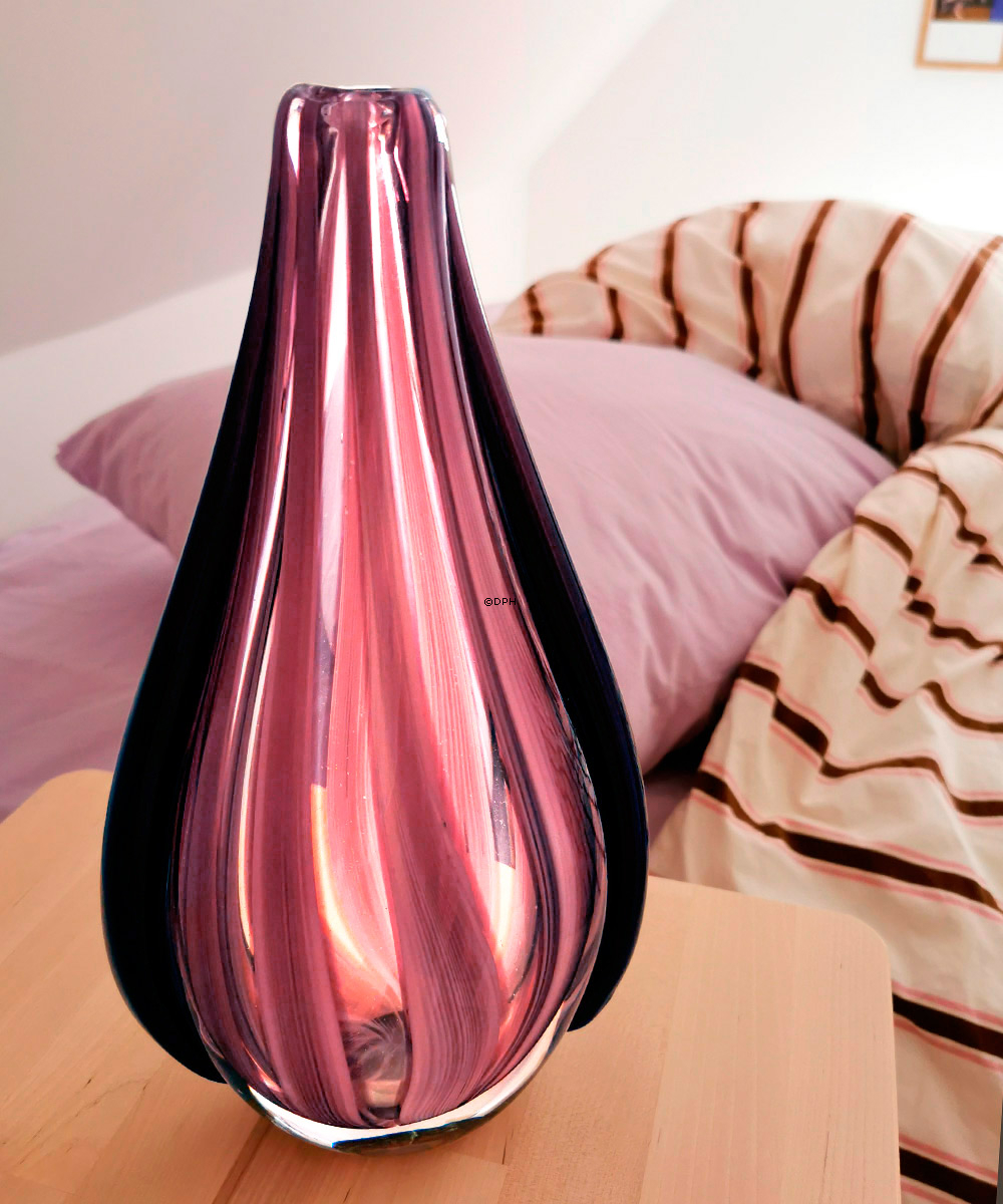 Ovale Glasvase, Klarglas mit Rosa/Lila Deko, 30cm, Mundgeblasene Glaskunst