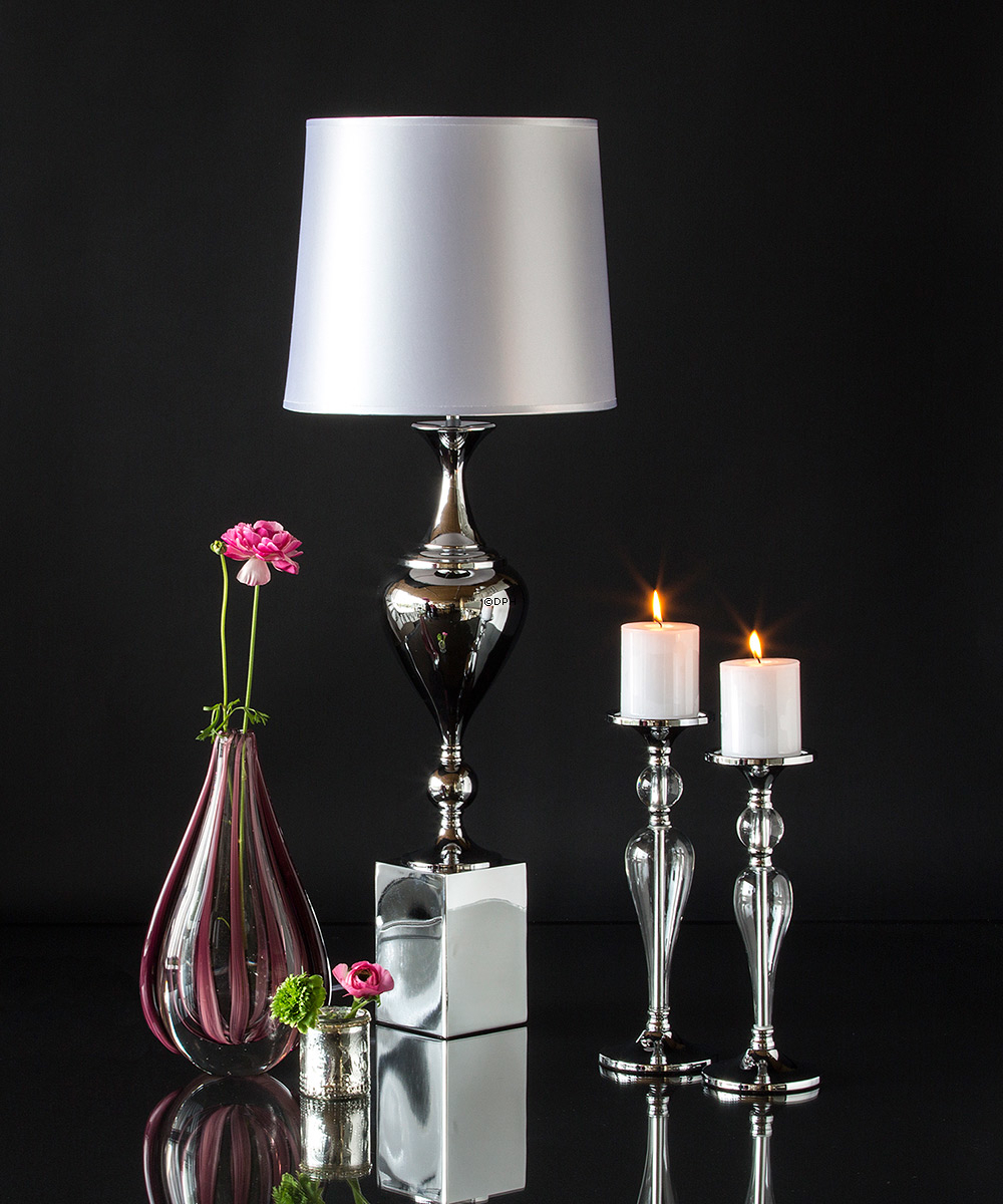 Ovale Glasvase, Klarglas mit Rosa/Lila Deko, 30cm, Mundgeblasene Glaskunst