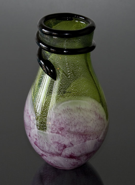 Große Glasvase, Rosa mit grünen Farben und Schlangenschmuck, 30cm, Handgeblasen