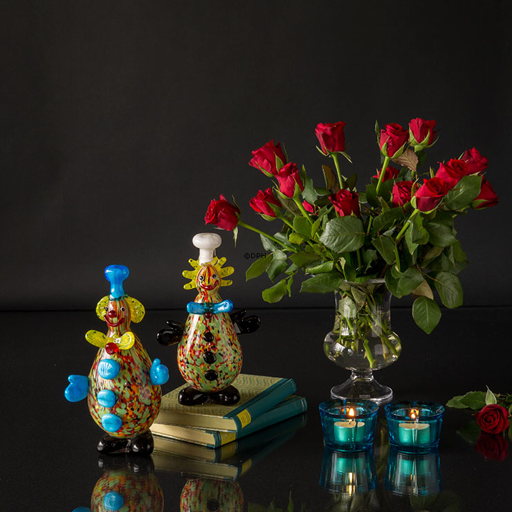 Clownfigur, Glasclown mit blauer Krawatte, 24cm, mundgeblasenes Glas