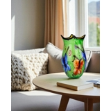 Große grüne Glasvase, (gelb innen) 33cm, Mundgeblasenes Glas