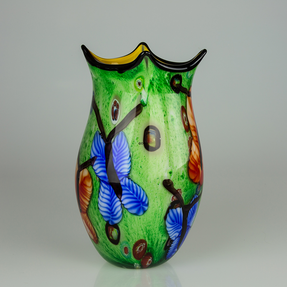 Große grüne Glasvase, (gelb innen) 33cm, Mundgeblasenes Glas