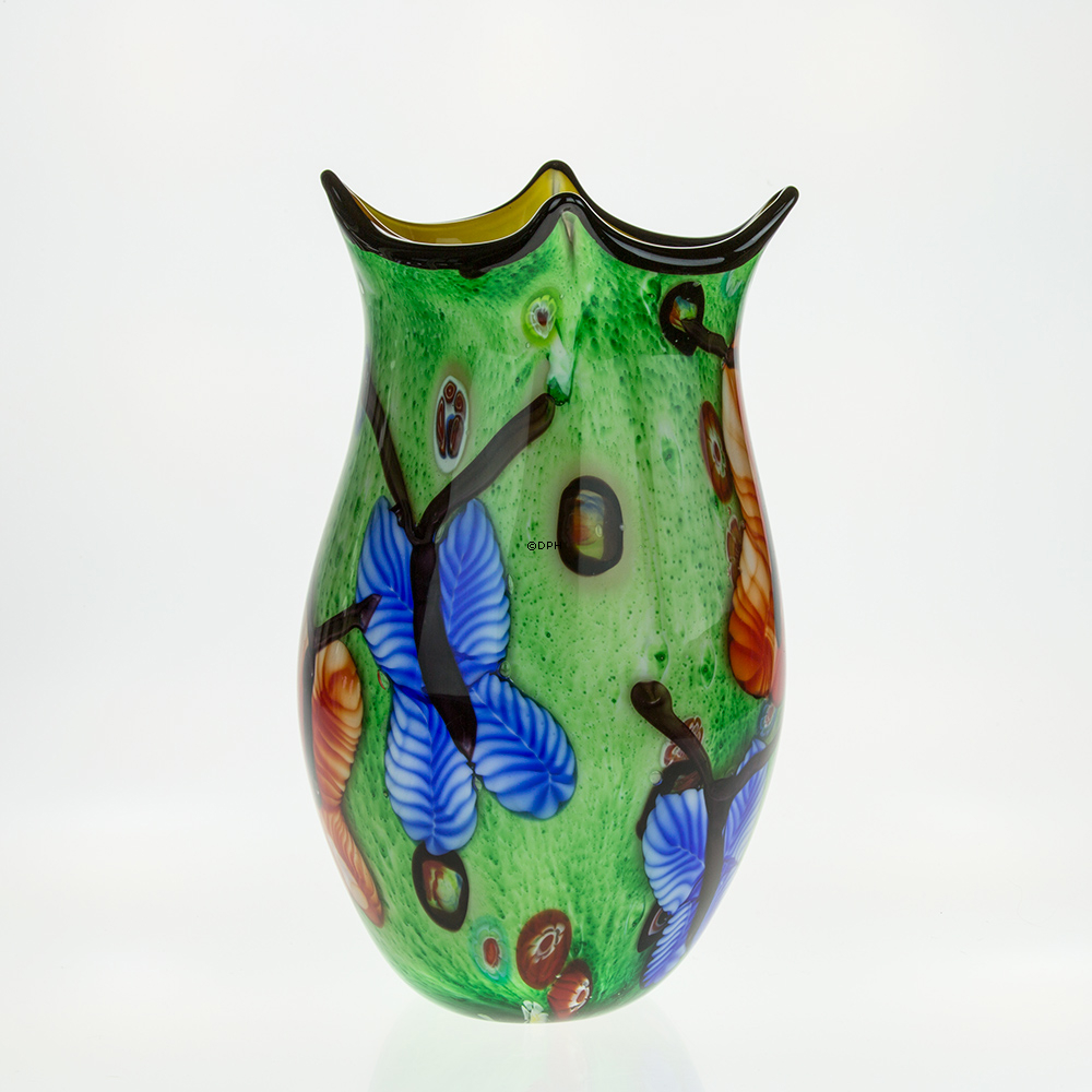 Große grüne Glasvase, (gelb innen) 33cm, Mundgeblasenes Glas