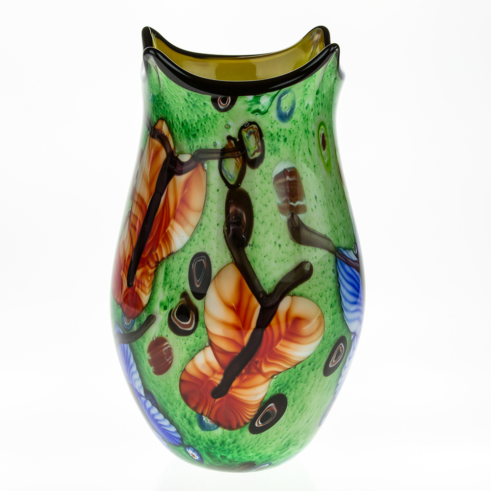 Große grüne Glasvase, (gelb innen) 33cm, Mundgeblasenes Glas