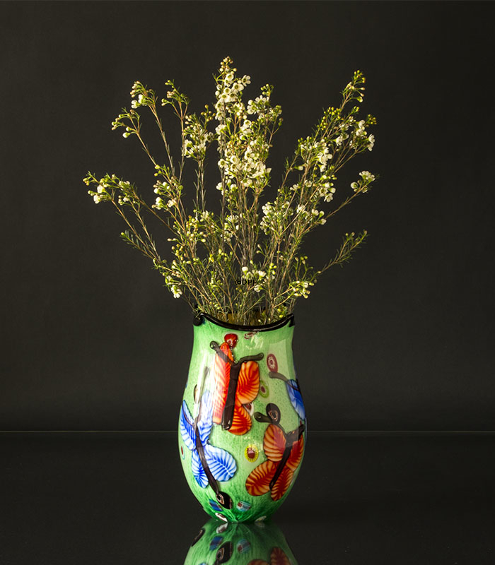 Große grüne Glasvase, (gelb innen) 33cm, Mundgeblasenes Glas