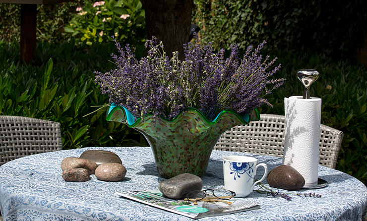 Schüssel, Grün und Blau mit gewelltem Rand, 45cm, Mundgeblasenes Glas