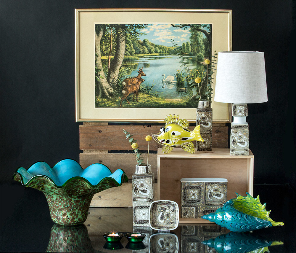 Schüssel, Grün und Blau mit gewelltem Rand, 45cm, Mundgeblasenes Glas