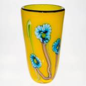 Große gelbe Glasvase mit Blumen, 35cm, Mundgeblasenes Glas 