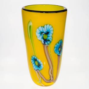 Große gelbe Glasvase mit Blumen, 35cm, Mundgeblasenes Glas | Nr. 4497 | DPH Trading