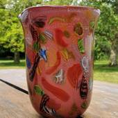 Glasvase mit roter Dekoration 31cm, Glaskunst, Mundgeblasen 