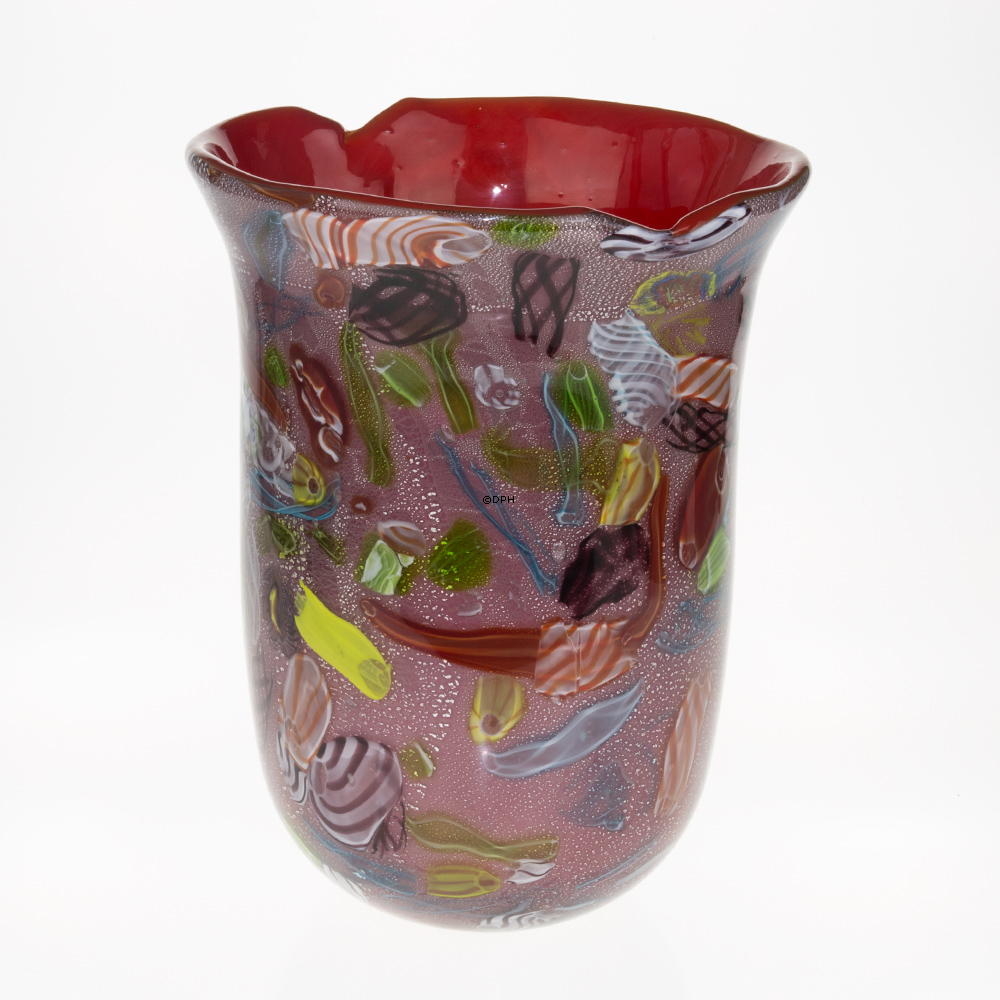 Glasvase mit roter Dekoration 31cm, Glaskunst, Mundgeblasen