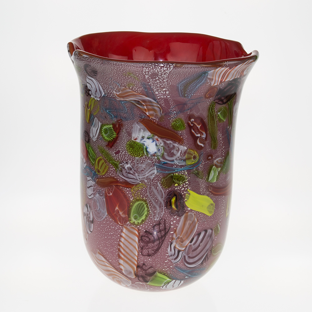 Glasvase mit roter Dekoration 31cm, Glaskunst, Mundgeblasen