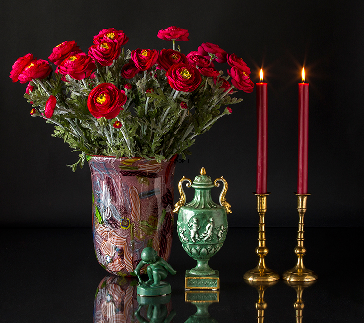 Glasvase mit roter Dekoration 31cm, Glaskunst, Mundgeblasen