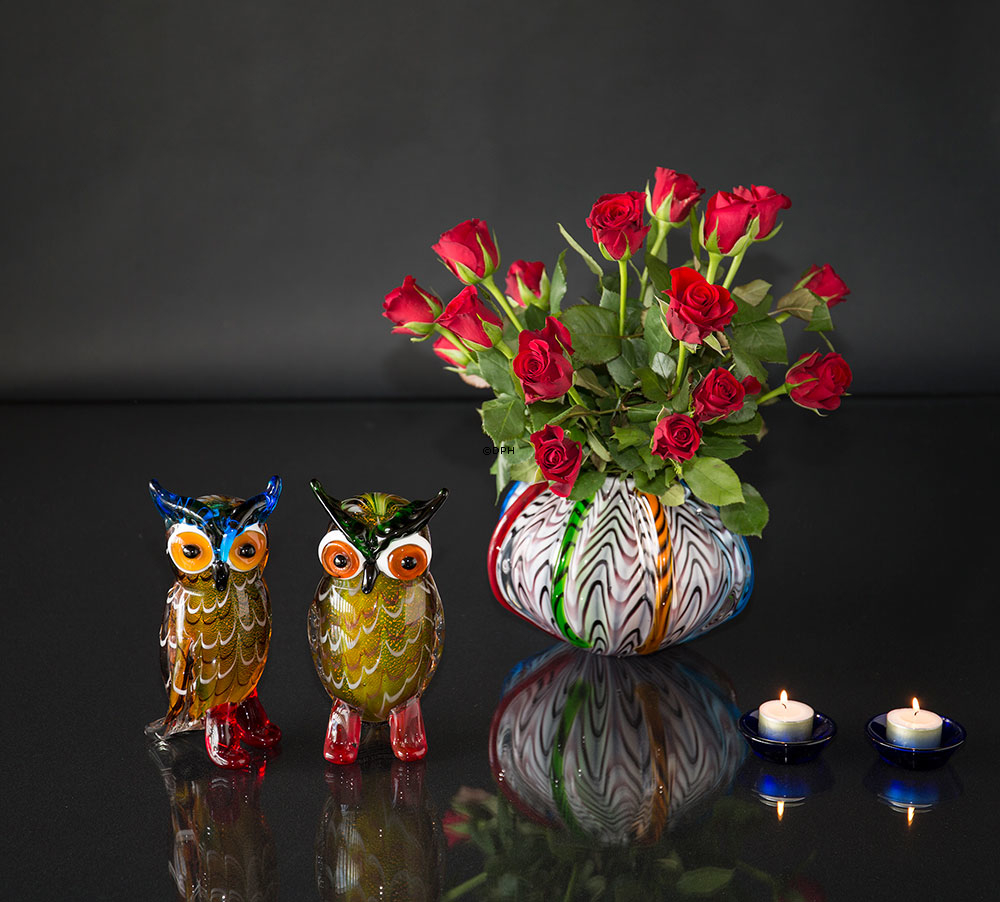 Runde Glasvase, Opal mit Dekoration 22x17cm, Mundgeblasenes Glas