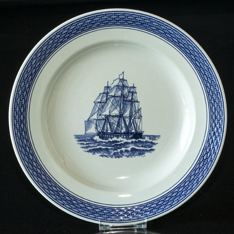 Royal Copenhagen/Aluminia Tranquebar, blau, Teller mit Schiff / Windjammer 25cm