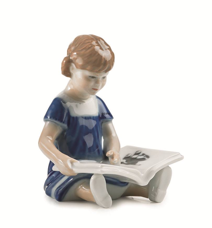 Elsa liest, mini, Mädchen sitzt mit Buch, Royal Copenhagen Figur Nr. 089