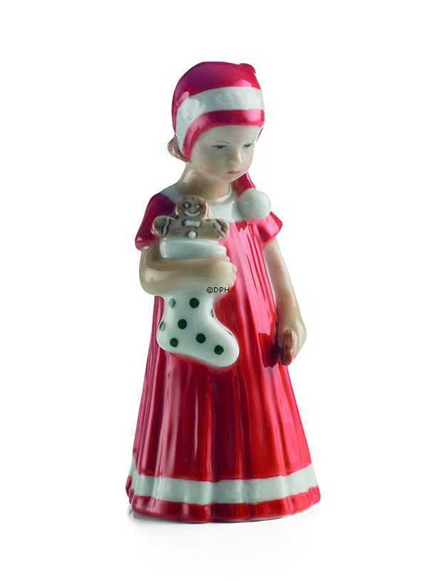 Elsa, Mädchen in rotem Kleid und Weihnachtsstrumpf, Royal Copenhagen Figur Nr. 092