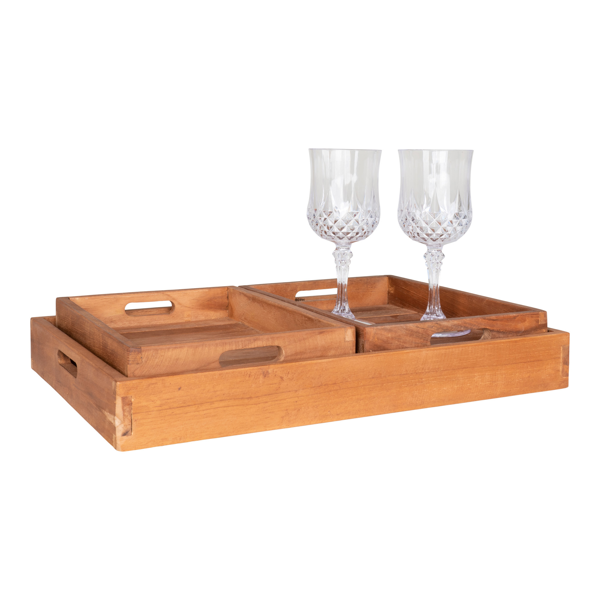 Holztabletts aus naturbelassenem Teakholz, 3er-Set
(1 großes: 40 x 29 cm - 2 kleine: 26 x 18 cm)