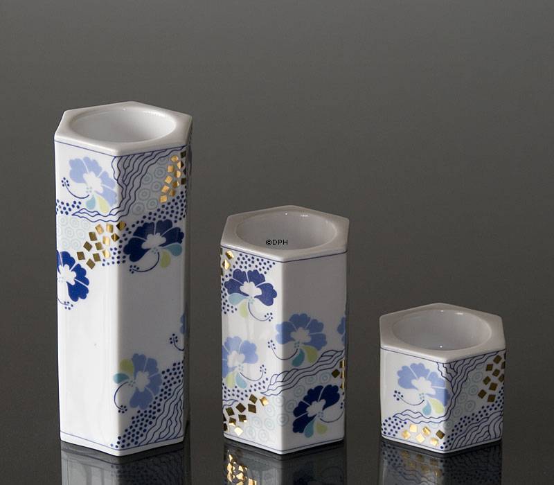 Teelichthalter, 3 Stück, Weiß mit blauen Blumen, Bing & Gröndahl Nr. 1817-5464