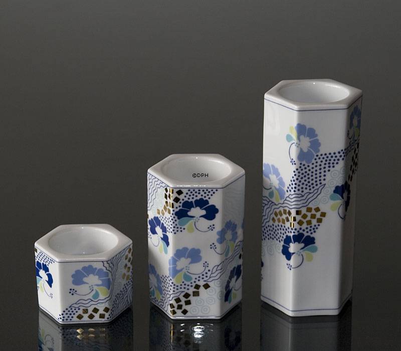 Teelichthalter, 3 Stück, Weiß mit blauen Blumen, Bing & Gröndahl Nr. 1817-5464