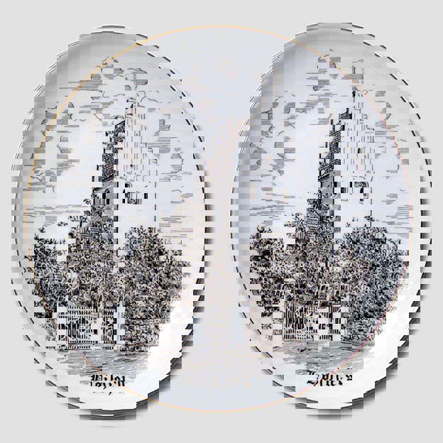 Bing & Gröndahl Teller, Højbjerg Kirche, Zeichnung in Braun